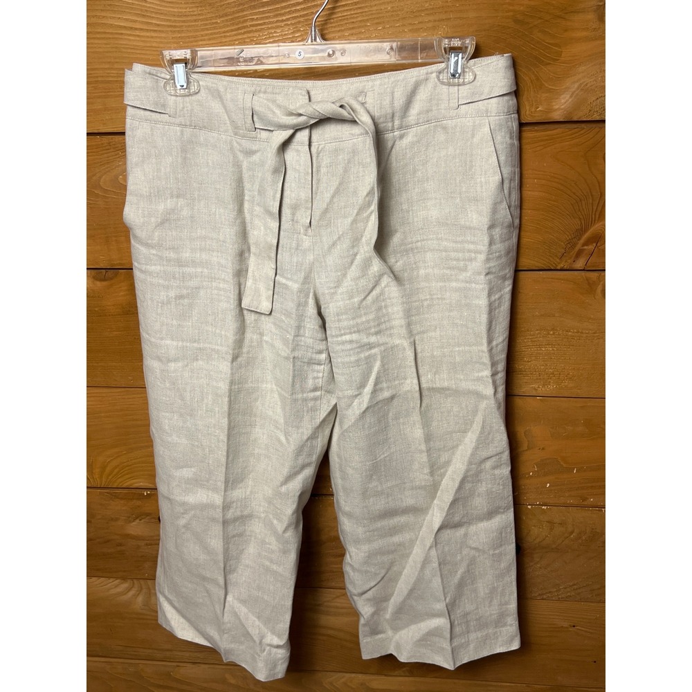 Talbots Pure Irish Linen Belted‎ Cropped Pants Women's 12 Beige Wide Leg Casual